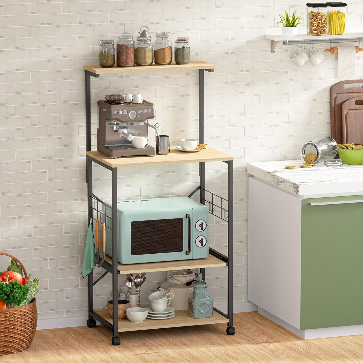 Kitchen Baker'S Rack Utility Storage Shelf Microwave Stand Cart on Wheels with Side Hooks, Kitchen Organizer Rack 4 Tier Shelves Adjustable Feet P2 Wood Oak