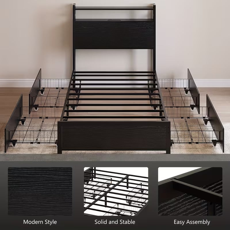 Twin Bed Frame with Storage Headboard & 4-Drawer Platform Bed