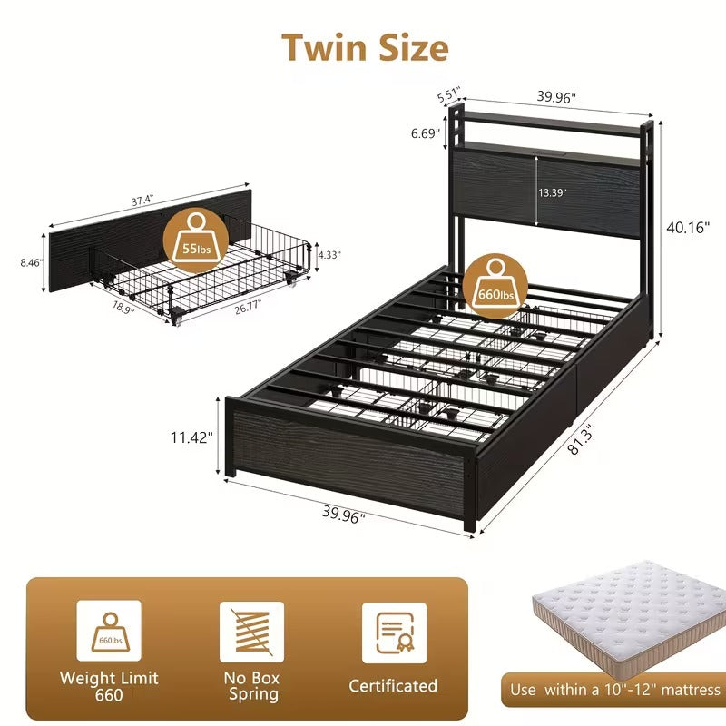 Twin Bed Frame with Storage Headboard & 4-Drawer Platform Bed