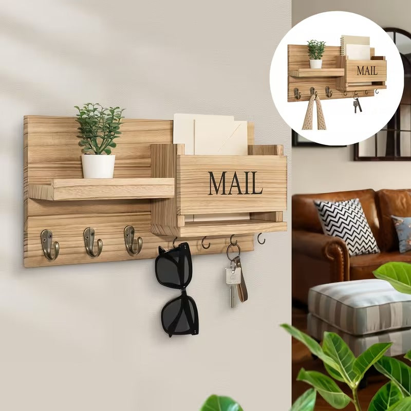 Wood Wall Organizer With Mailbox Slot,Multi-Hook