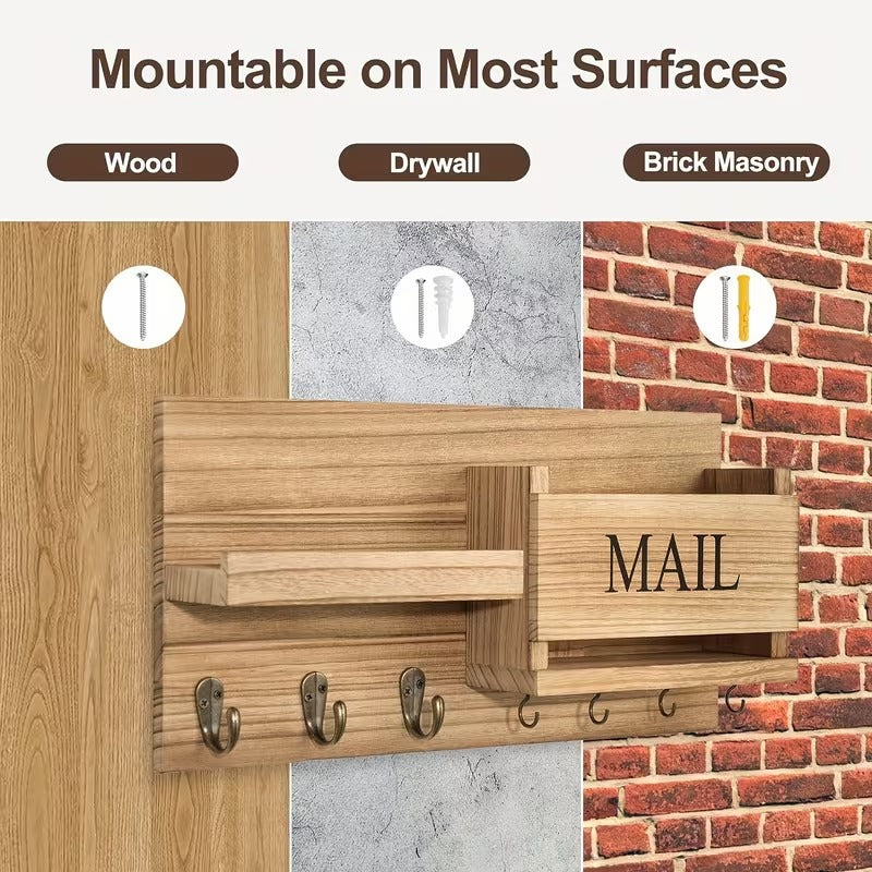 Wood Wall Organizer With Mailbox Slot,Multi-Hook
