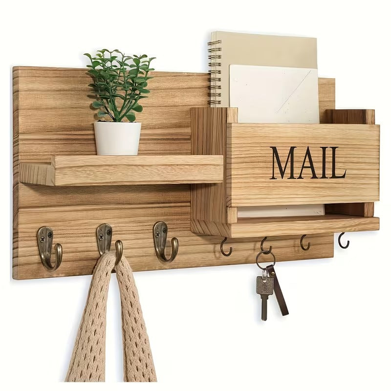 Wood Wall Organizer With Mailbox Slot,Multi-Hook